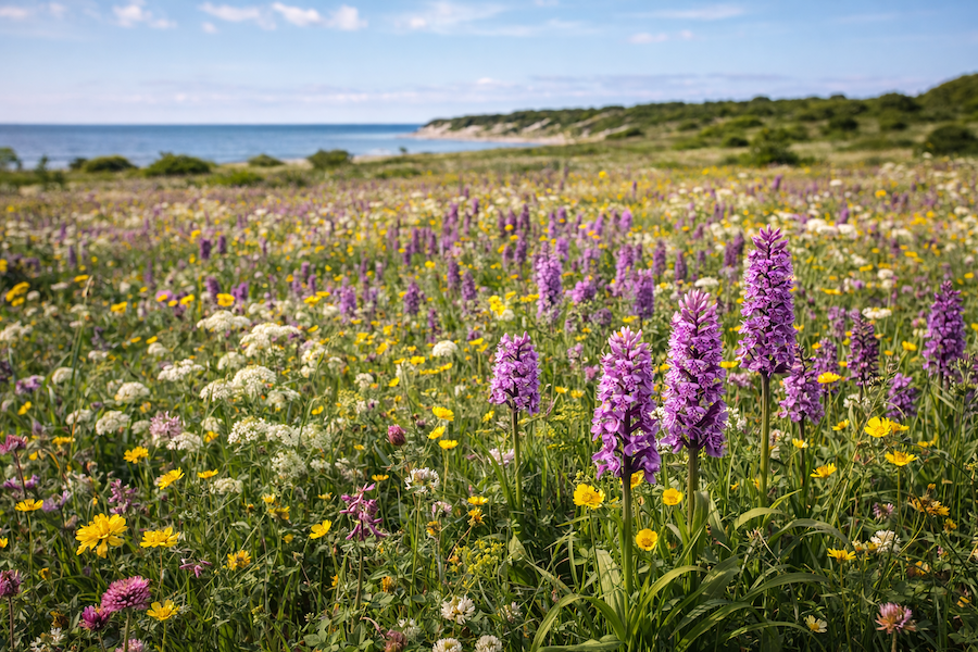 blommande-ang-pa-gotland-med-rik-flora-och-orkideer-16×9 Blommande äng på Gotland med rik flora och lila orkidéer bland vilda blommor i soligt väder.